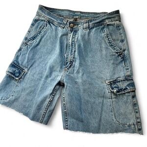 Y2K skater punk Blue denim cargo distressed shorts with a relaxed fit- size XL